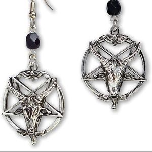 Baphomet Satanic Goat Head Inverted Pentagram Silver Finish Dangle Earrings